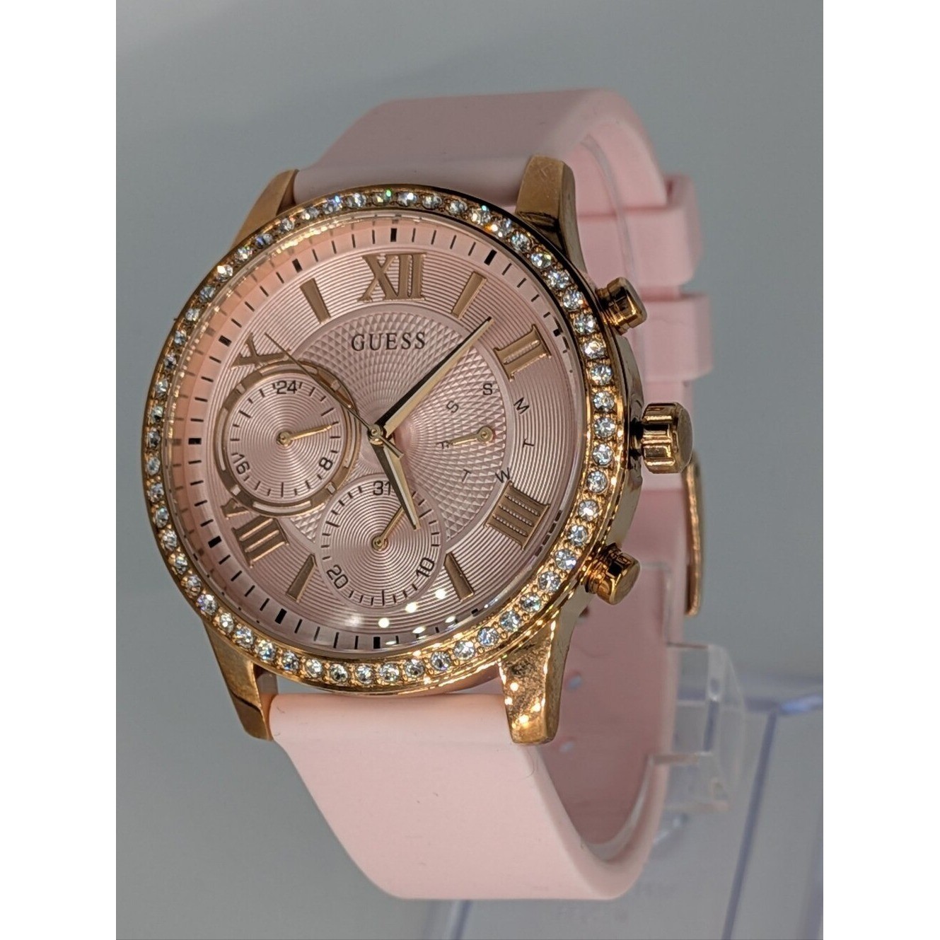 Guess Women’s Watch Solar Rose Gold Pink Dial Rhinestone Bezel U115L32