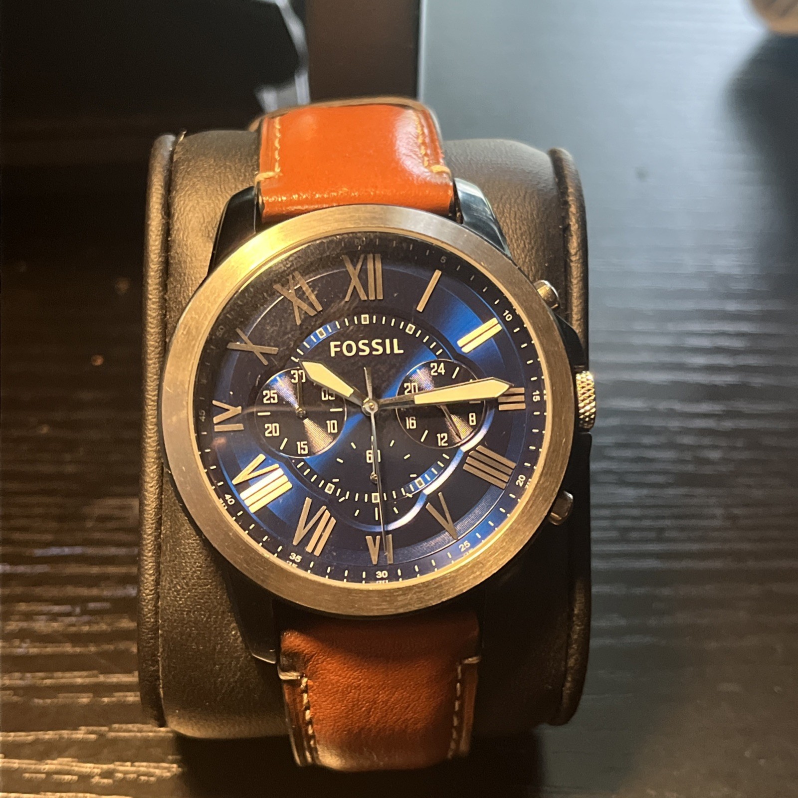 New Fossil Men’s Grant Chronograph Light Brown Leatger Strap 44mm Blue Dial
