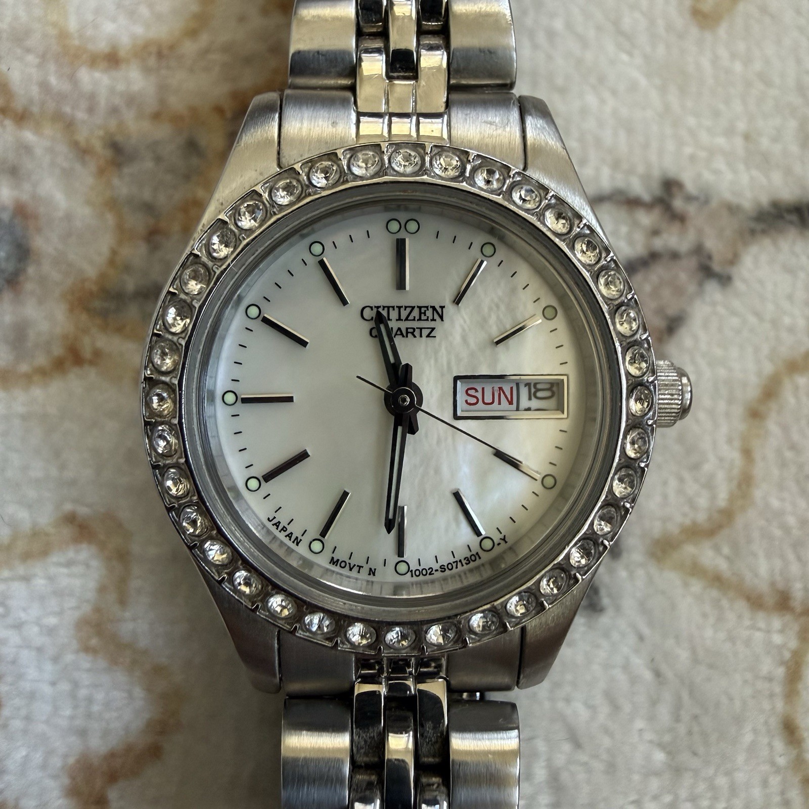 Citizen Quartz Women’s Silver Tone Stainless Bracelet Day/Date White Dial Gem