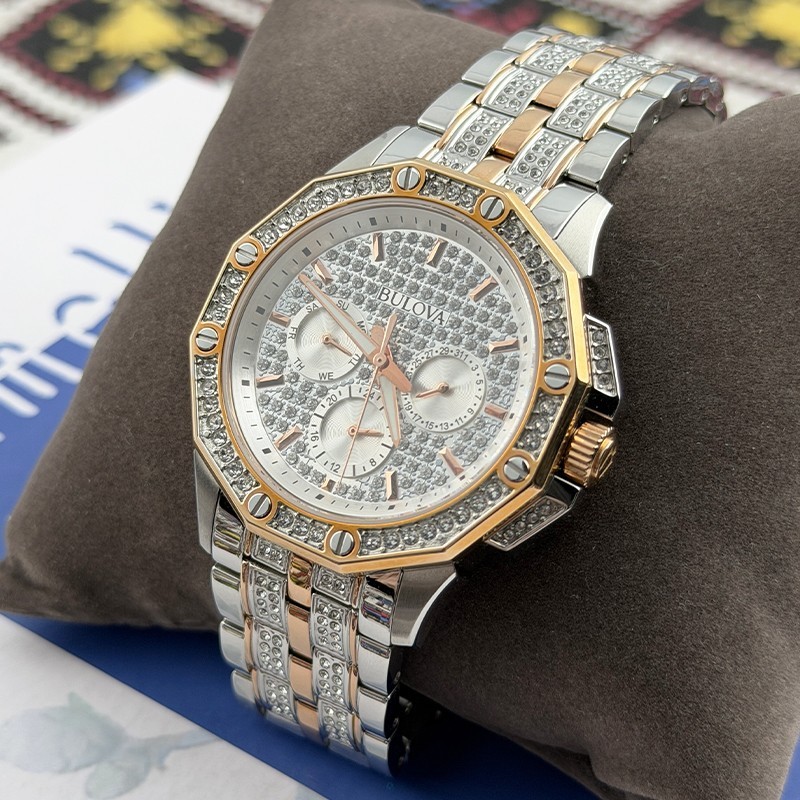 Bulova Men Crystal Octava 98C133 Rose Gold Dial Diamond Quartz Watch 41.5mm