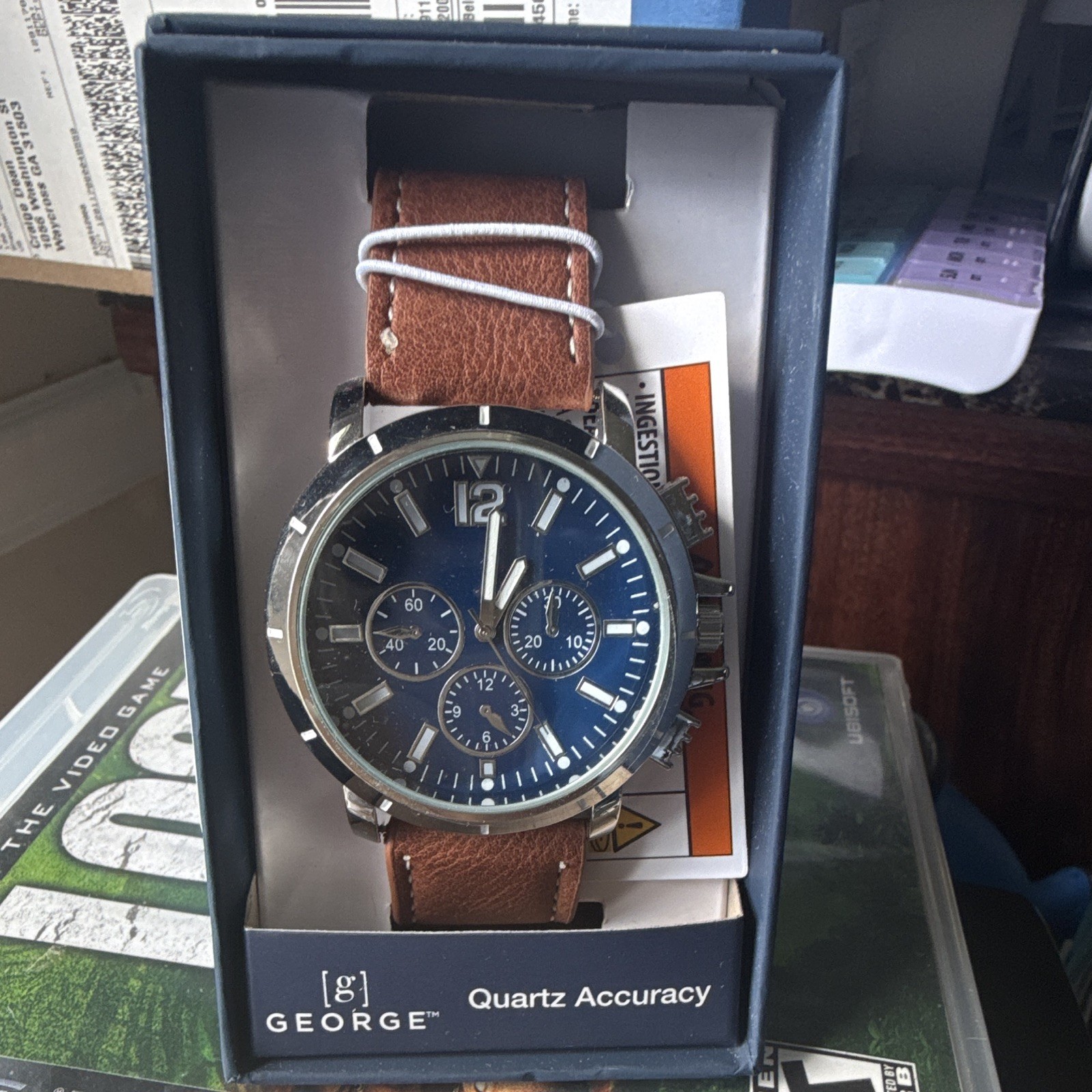 George Men’s Analog Quartz Watch Blue Dial Multi-Dial Brown Leather Strap Box