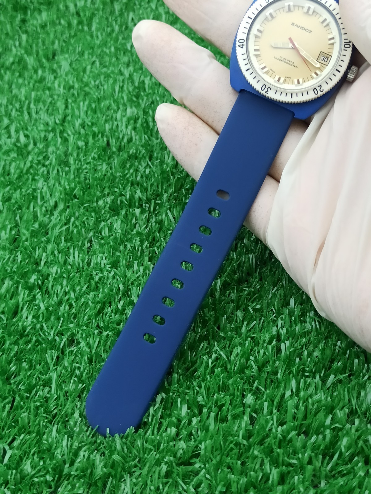 HYPER-RARE SANDOZ INCABLOC JUMBO DIVER BLUE WATCH MECHANICAL SWISS 1970s