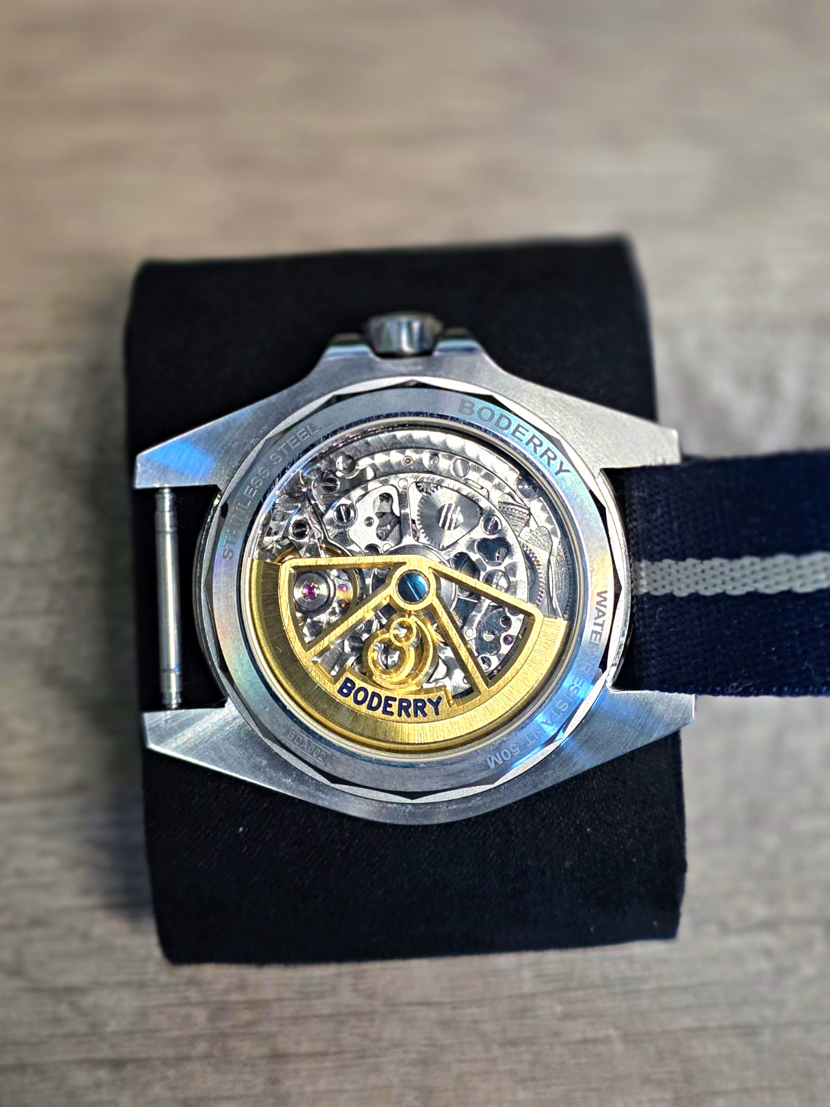 BODERRY Automatic Date 41.5mm Silver Dial Stainless Steel Blue/White Nylon Watch