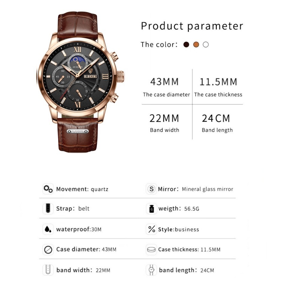 Men’s Watch Quartz Luminous Stainless Steel Case Leather Band Daily Wristwatches