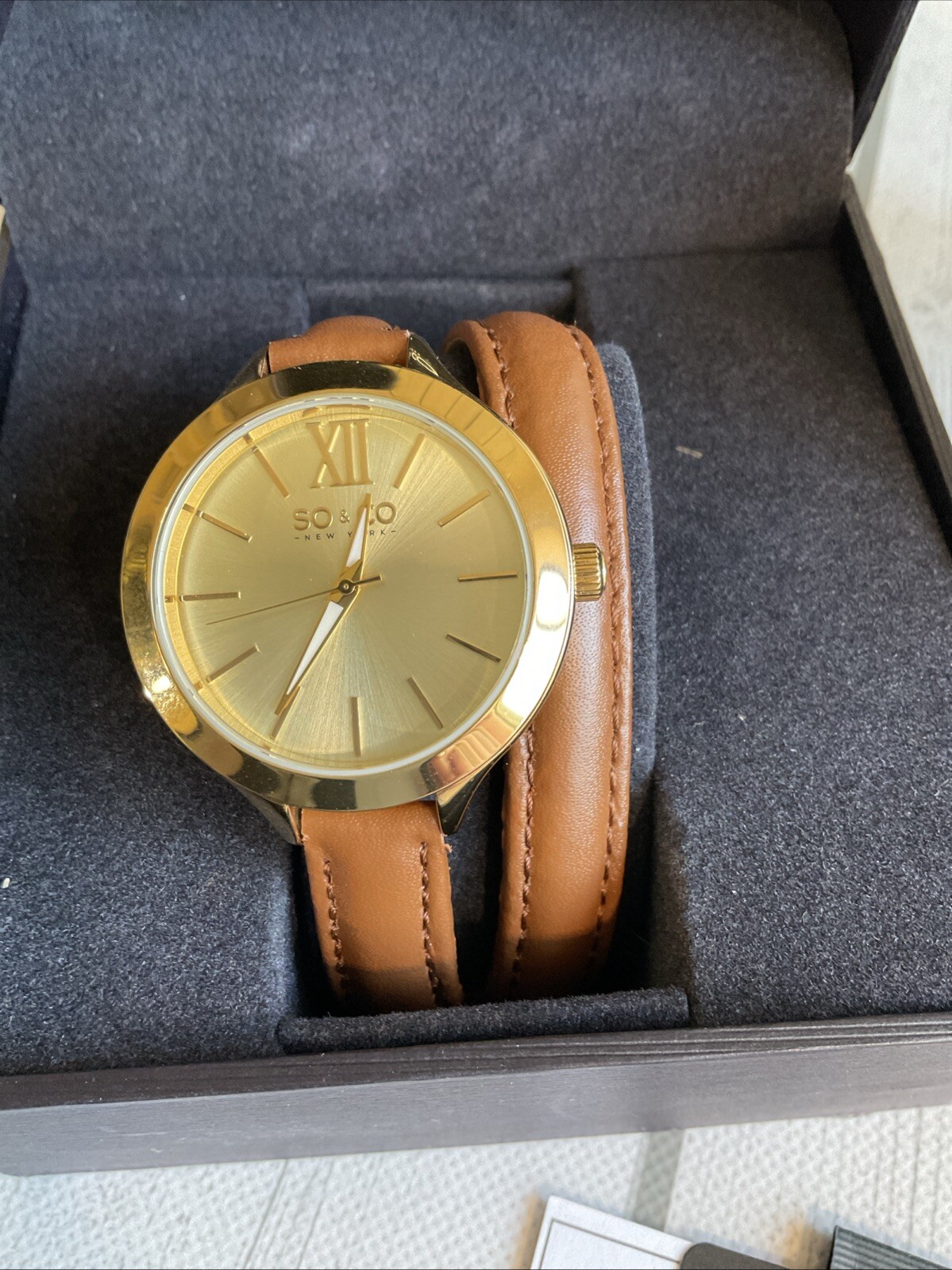 SO & CO New York, Quartz Leather Double Wrap Strap Gold & Brown NEW In Box