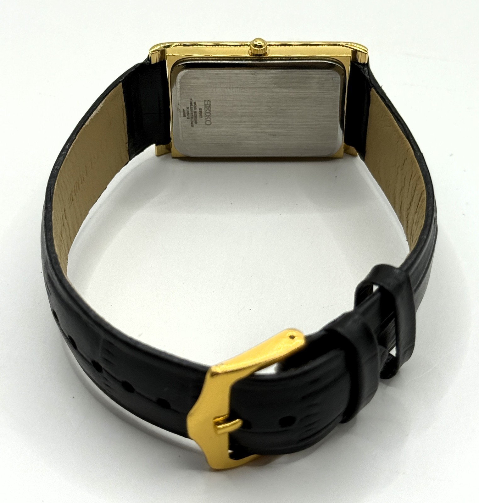 Vintage Refurbished Seiko Rectangular White Dial Black Faux Leather Strap