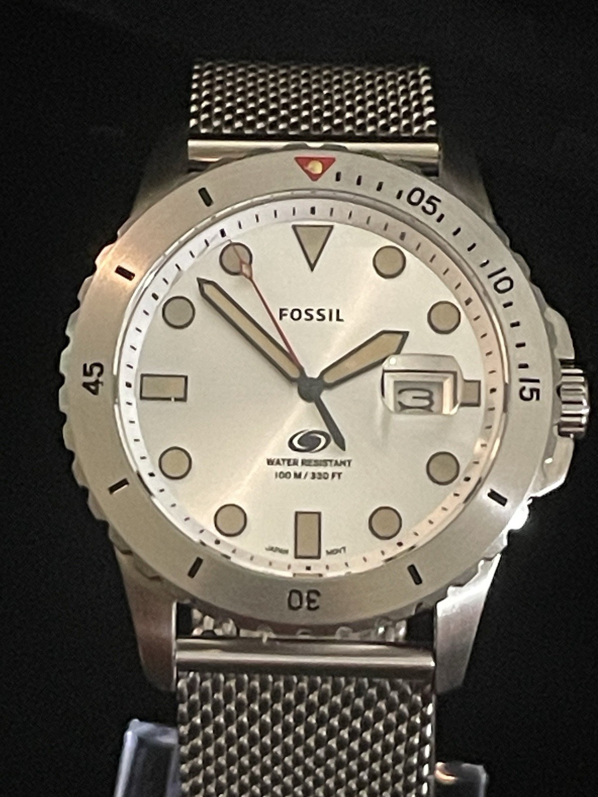 Fossil FS5948 Blue Diver Silver Sunburst Mesh Watch 100M NOS Box Tag Quartz 42mm