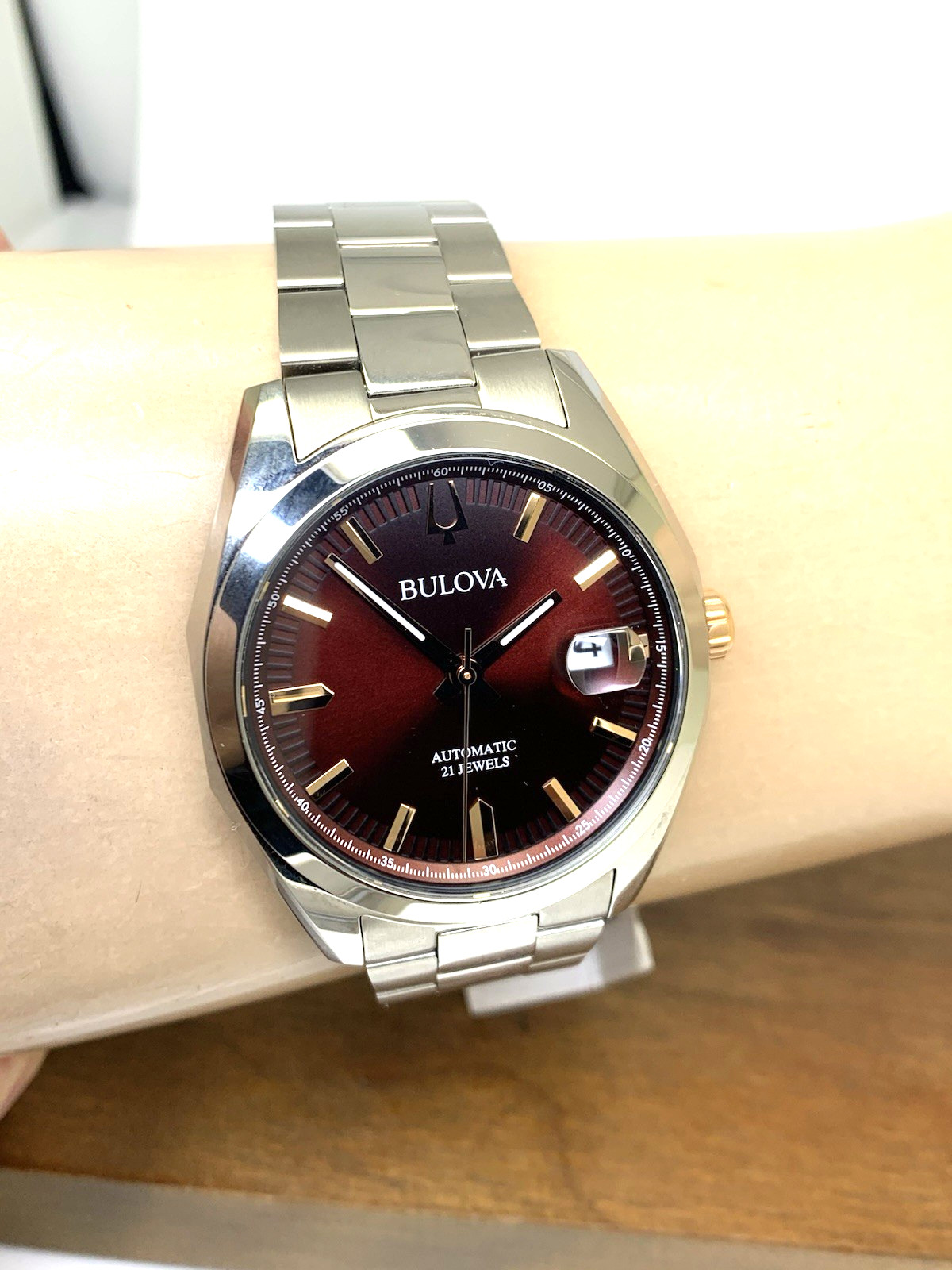 Bulova Men’s Watch 98B422 Automatic Burgundy Dial Silver Stainless Steel 39mm