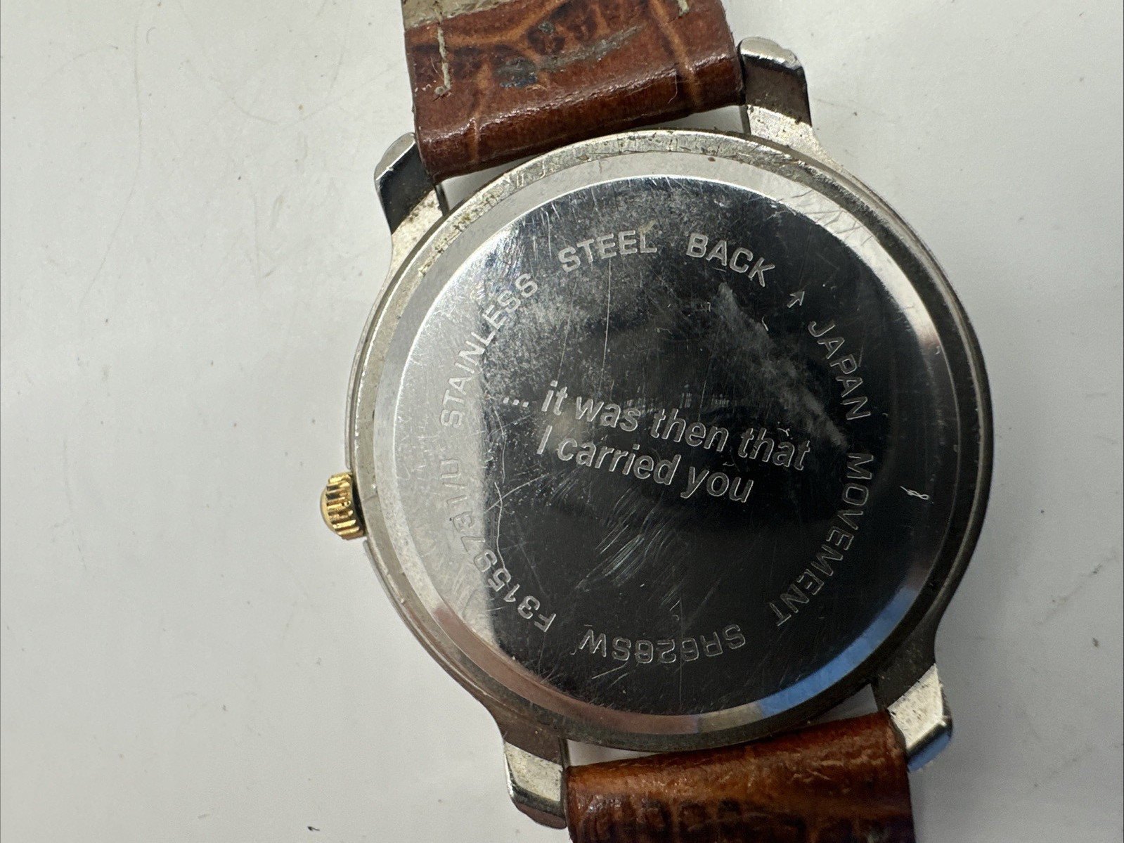 Women’s Footprints in the Sand Proverb Gold Tone Christian Watch, Brown Band