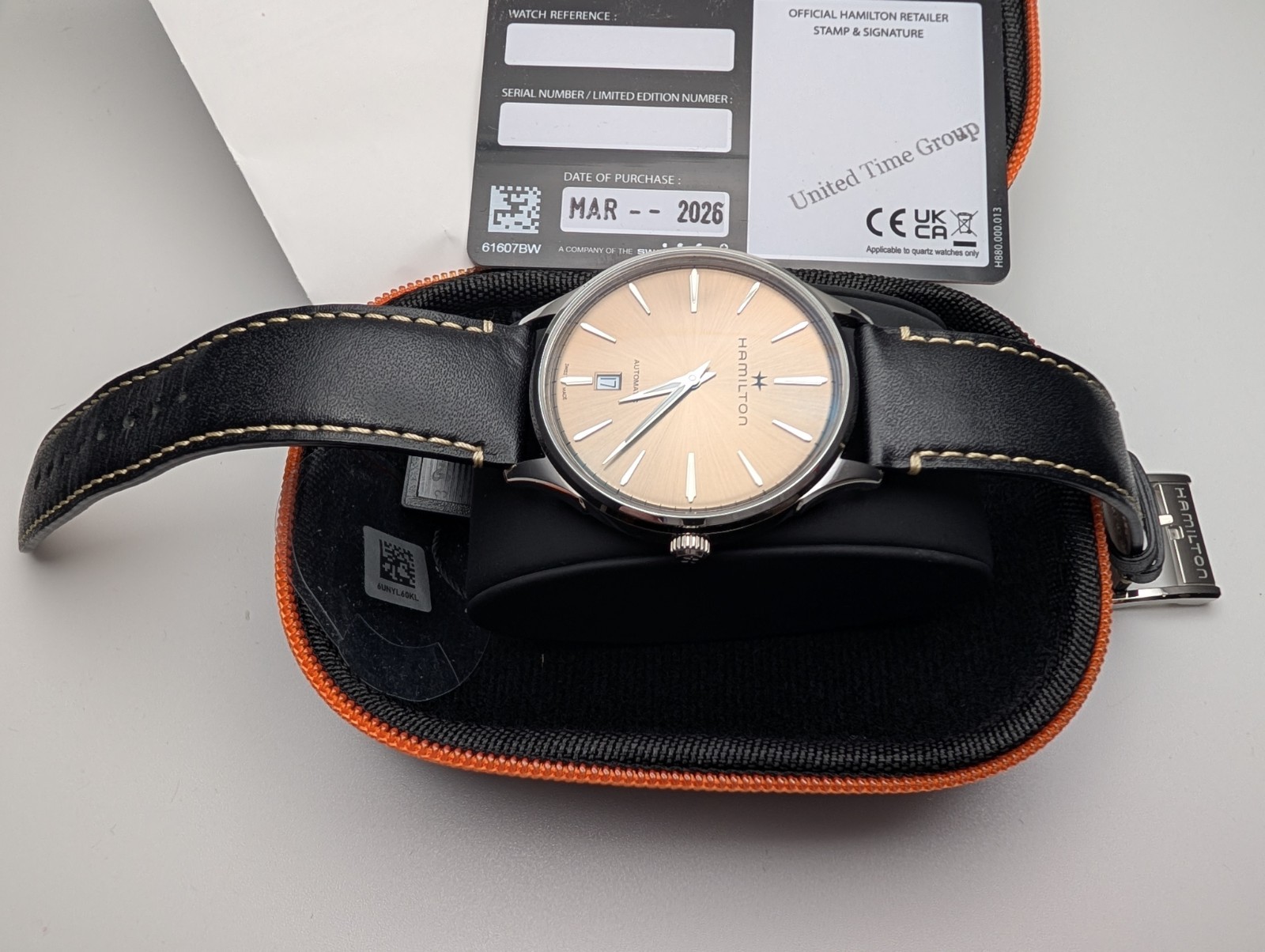 Hamilton Jazzmaster Beige Swiss Automatic Watch w/ Black Leather Strap – H385250