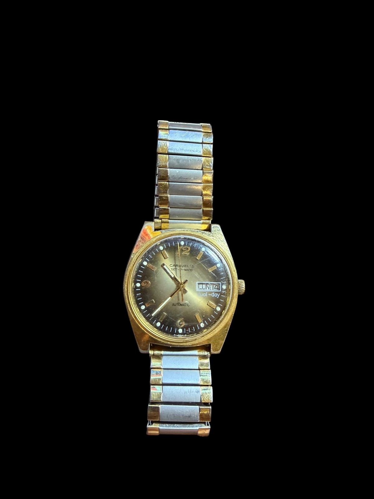 Vintage Caravelle Set-O-Matic Automatic Dual-Day Men’s Watch Gold Tone Two-Tone