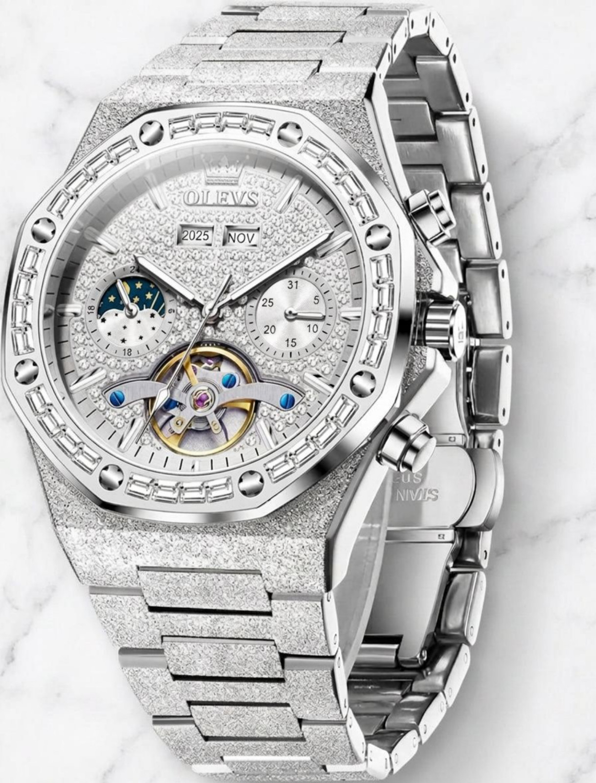 Men Luxury Silver Business Watch Self Winding Wristwatch Silver Dial Bling Olevs