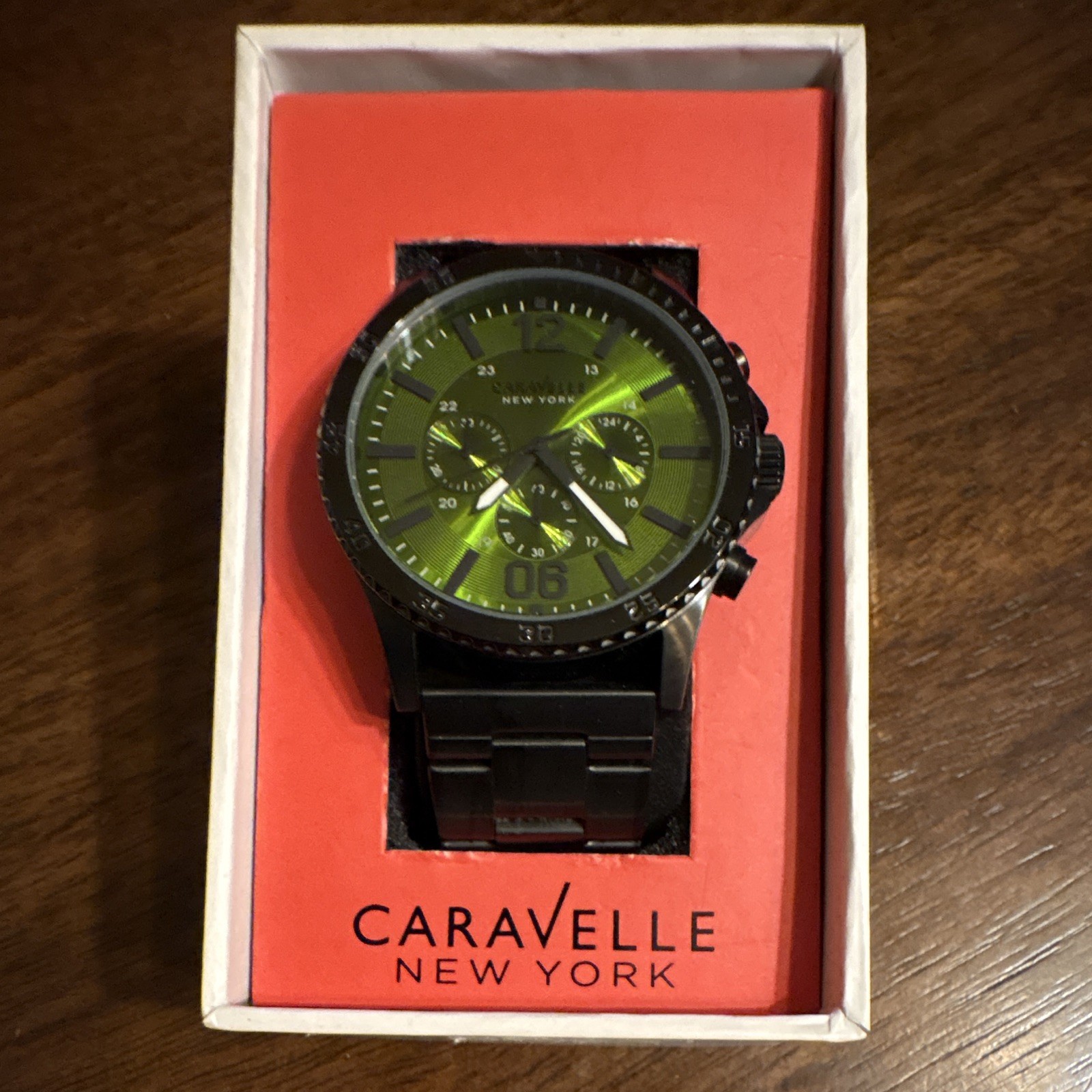 Caravelle New York Men’s Chronograph Quartz Watch Green Dial Black Bracelet Box