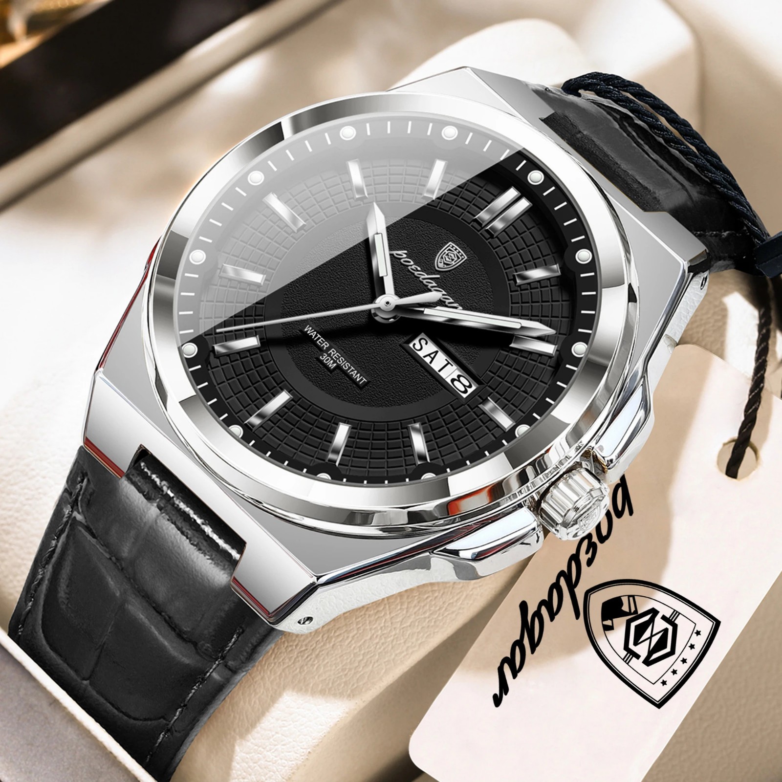 POEDAGAR Men’s Watch Waterproof Luminous Date Week Quartz Leather Business Watch