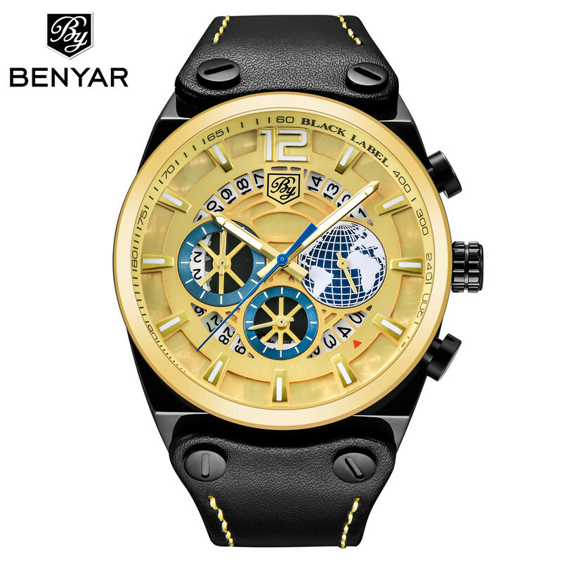 Luxury BENYAR 5141M Men Quartz Watch Chronograph Date Waterproof Rubber Leather