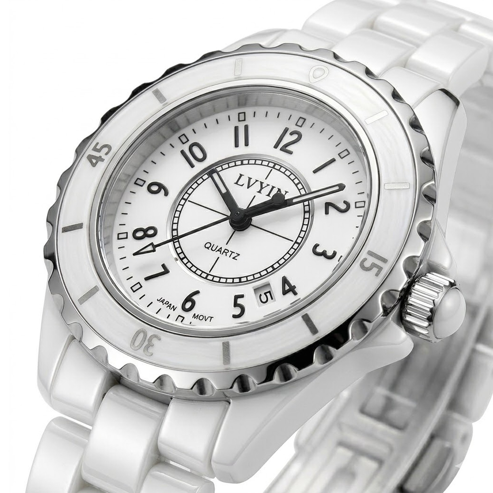 VORSEL Womens White Ceramic Watch Elegant Quartz Analog Wristwatch