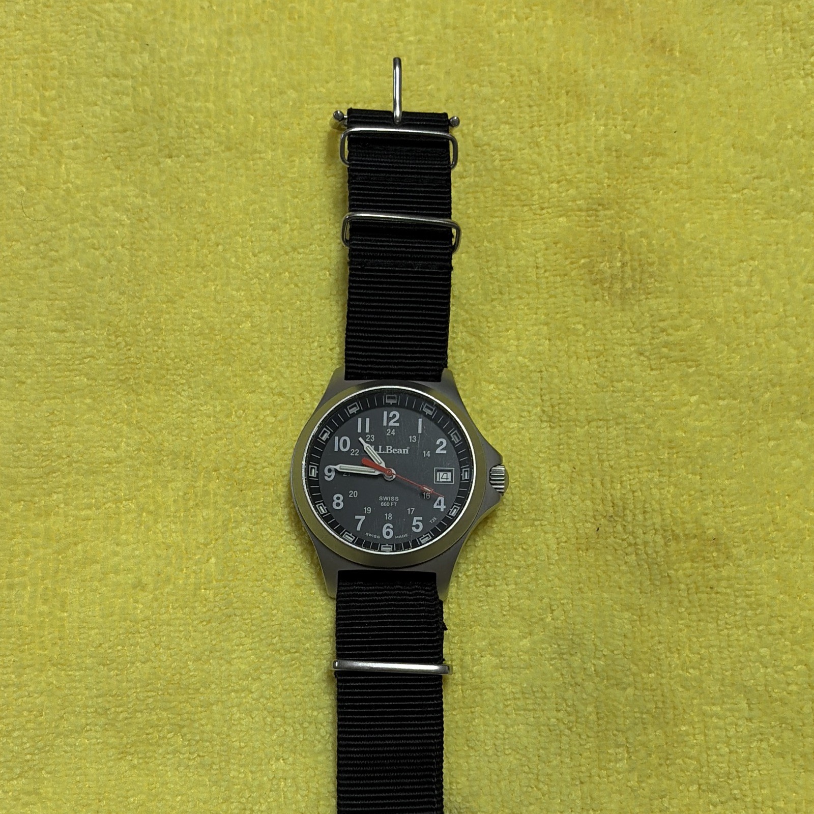 L.L.Bean Men’s Quartz Analog Date WR 50m 36-39mm Black Dial Nylon Strap