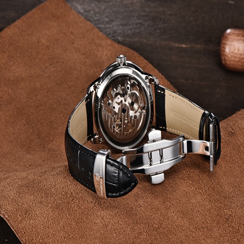 43mm PAGANI DESIGN Automatic Men’s Watch Leather Strap Skeleton Dial Wristwatch