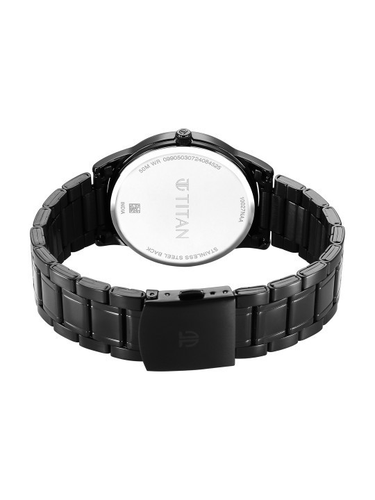 Titan Mens Watch Black Solid Dial Stainless Steel Bracelet Date Aperture 50M