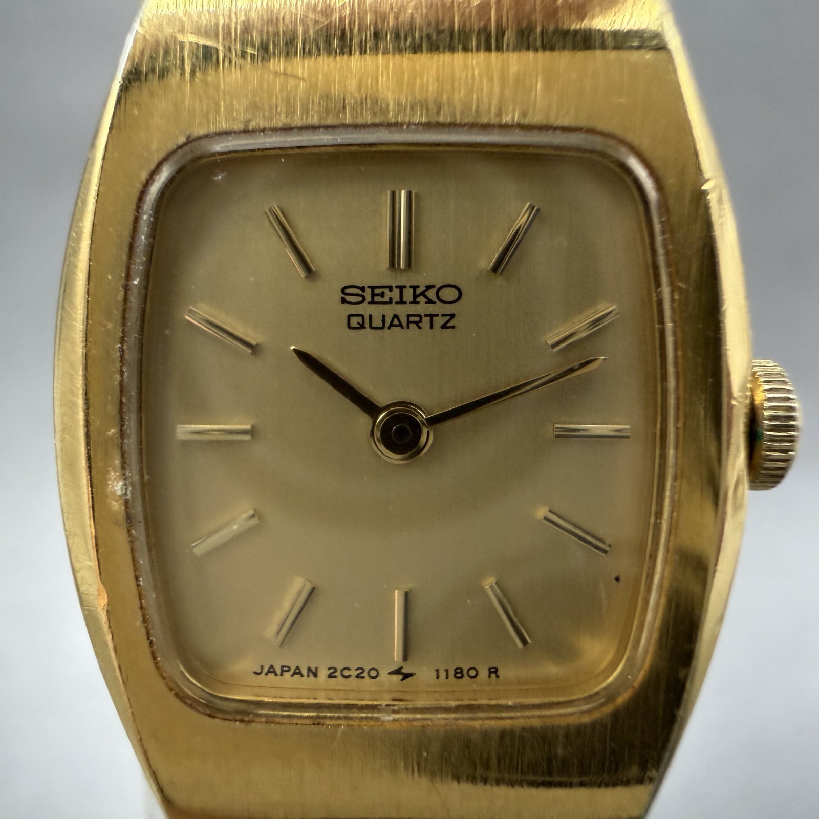 Seiko Watch Women 16mm Gold Dial Gold Tone 2C20-5559 Tonneau VTG New Battery