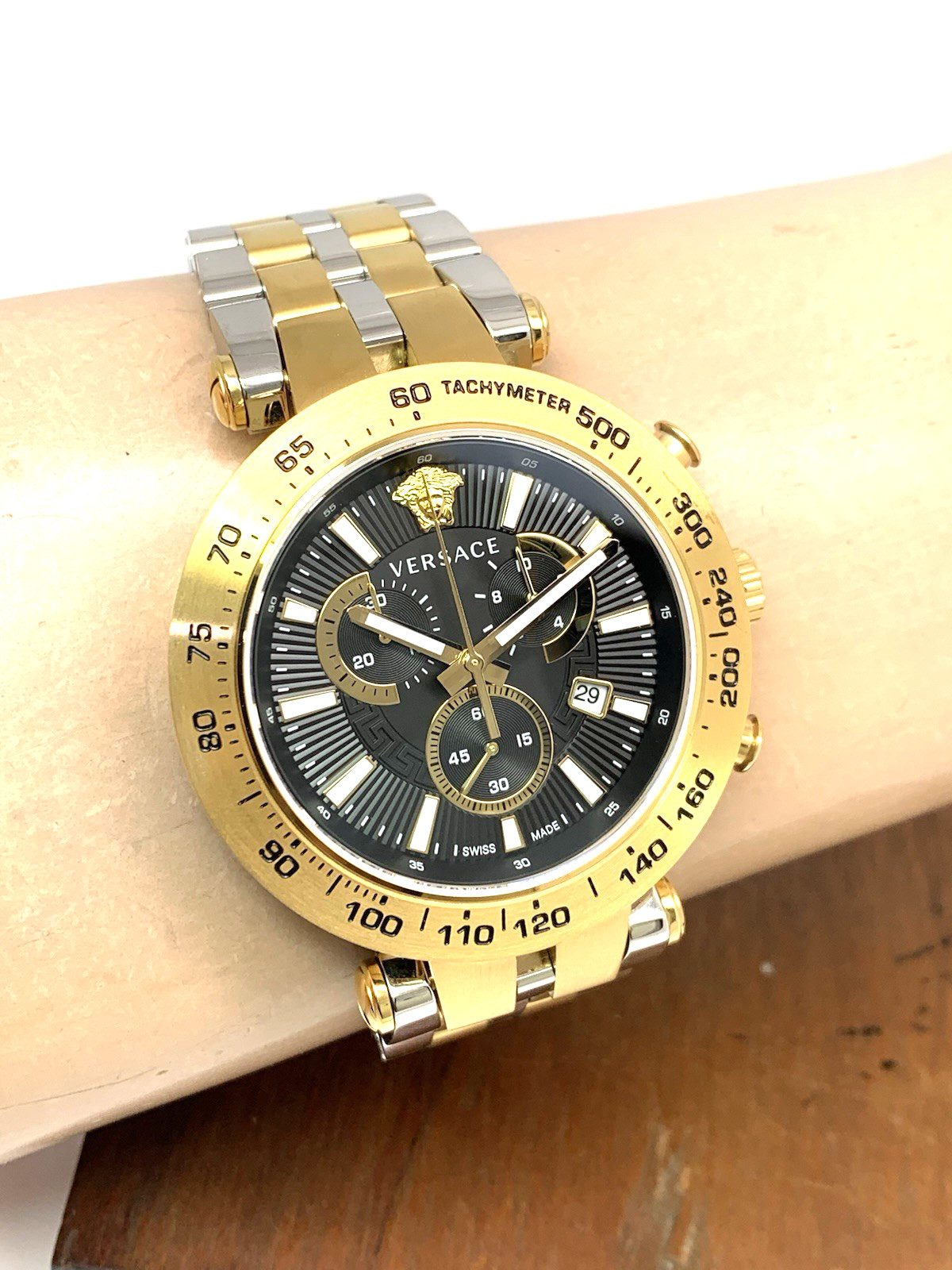Versace Men’s Watch VEJB00622 Swiss Quartz Chronograph Black Dial Two Tone Steel