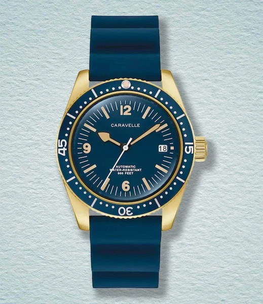 Vintage Caravelle Sea Hunter Dive Watch 44B129 Gold Blue Rubber Strap 2026 NEW