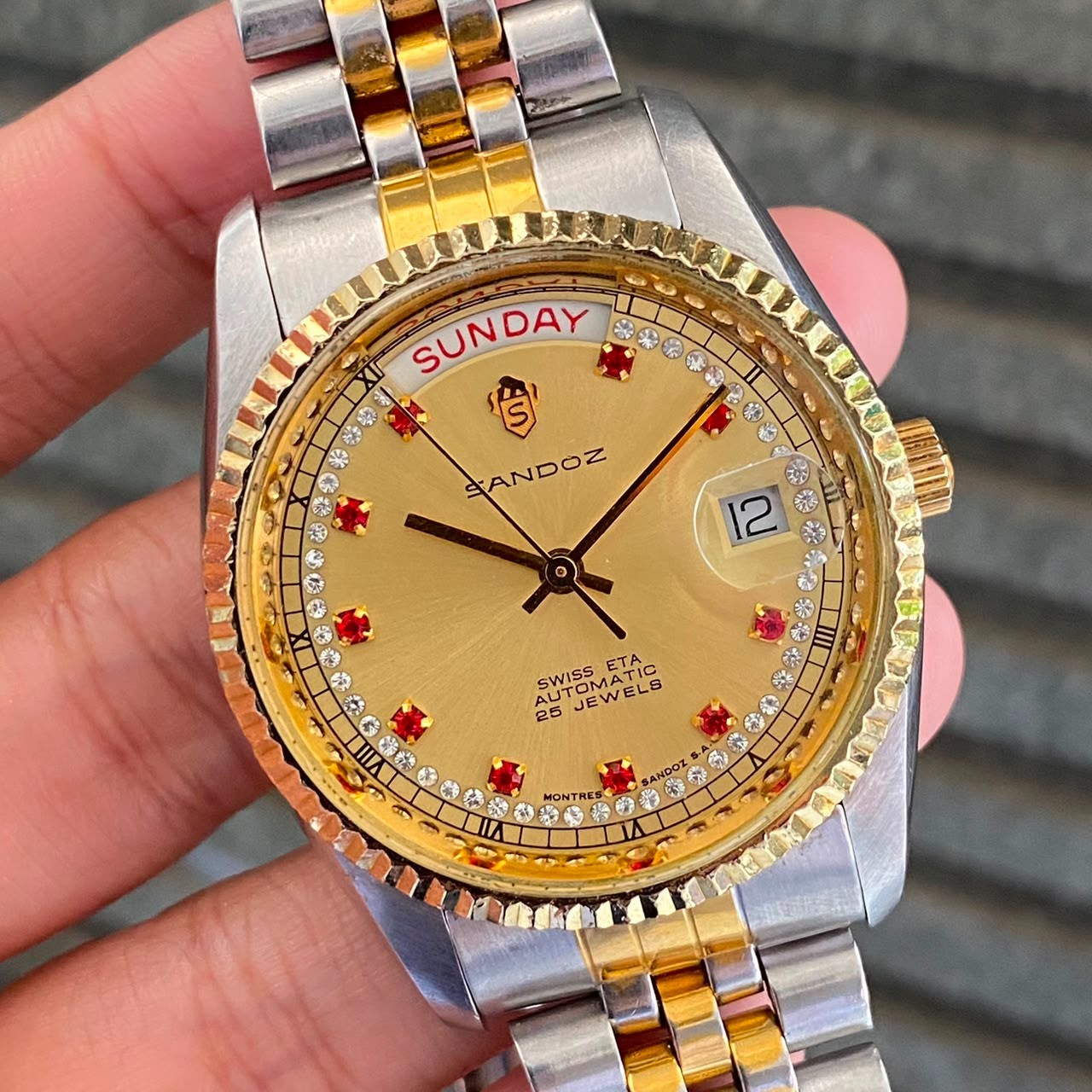 Rare Sandoz President Automatic 25J ETA Diamond Index Gold Day Date Watch Men