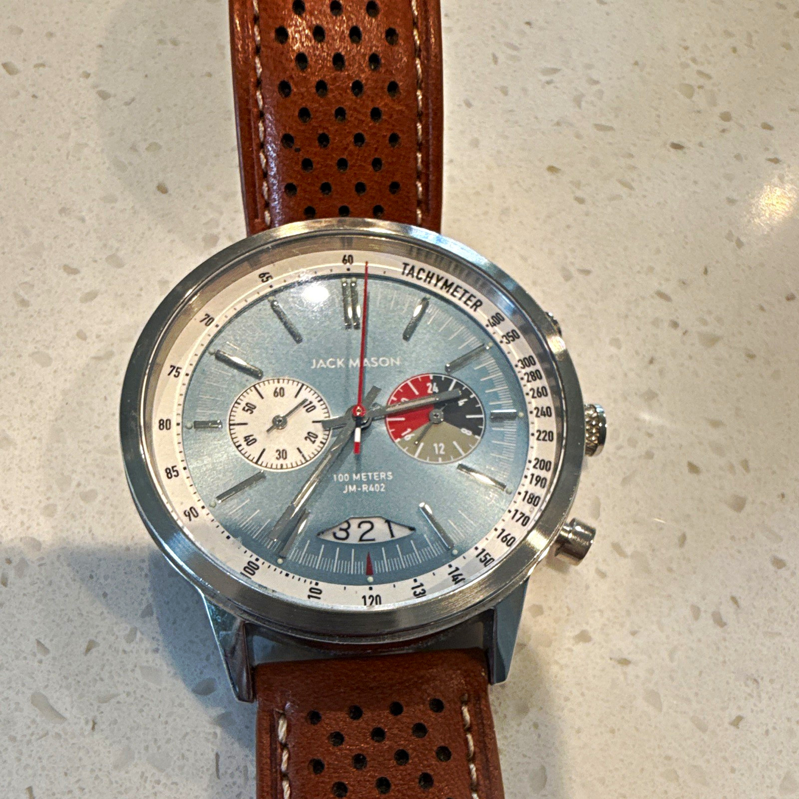 Jack Mason Men’s Quartz Chronograph Tachymeter 100m Blue Dial Brown Leather 42mm
