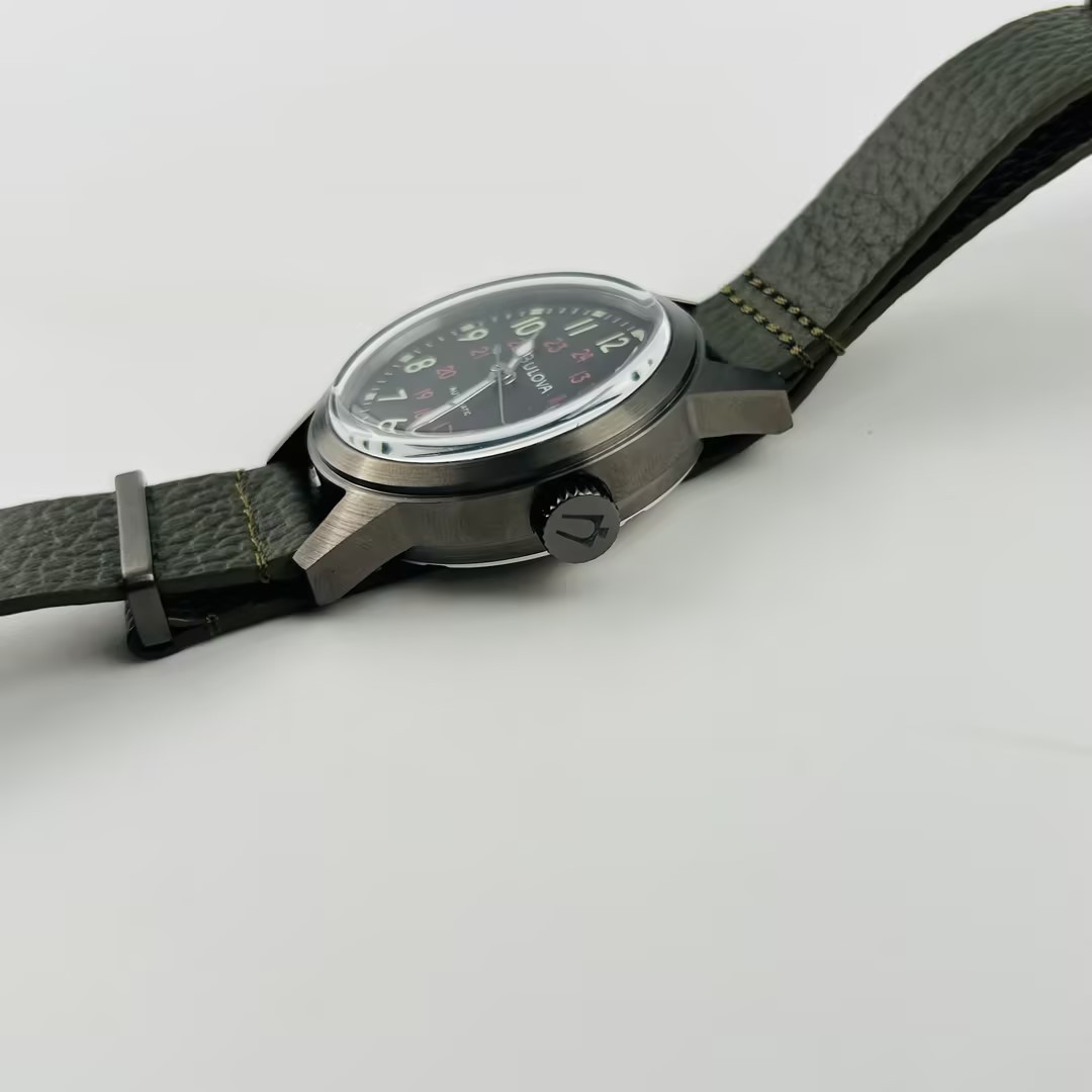 Bulova Hack 98A255 Black Dial Green Leather Strap Automatic Men’s Watch 38 mm