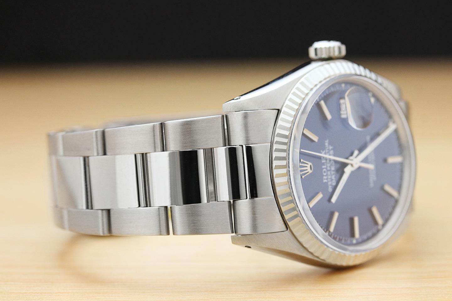 ROLEX MENS DATEJUST BLUE DIAL 18K WHITE GOLD & STEEL WATCH w/OYSTER BAND