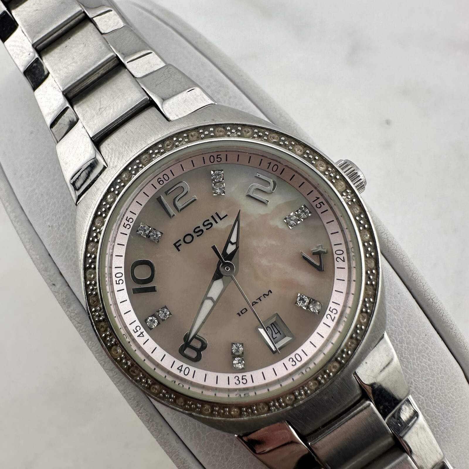 Fossil Flash Watch Women 28mm Silver Tone Date Bling MOP Dial New Battery Sz 6”