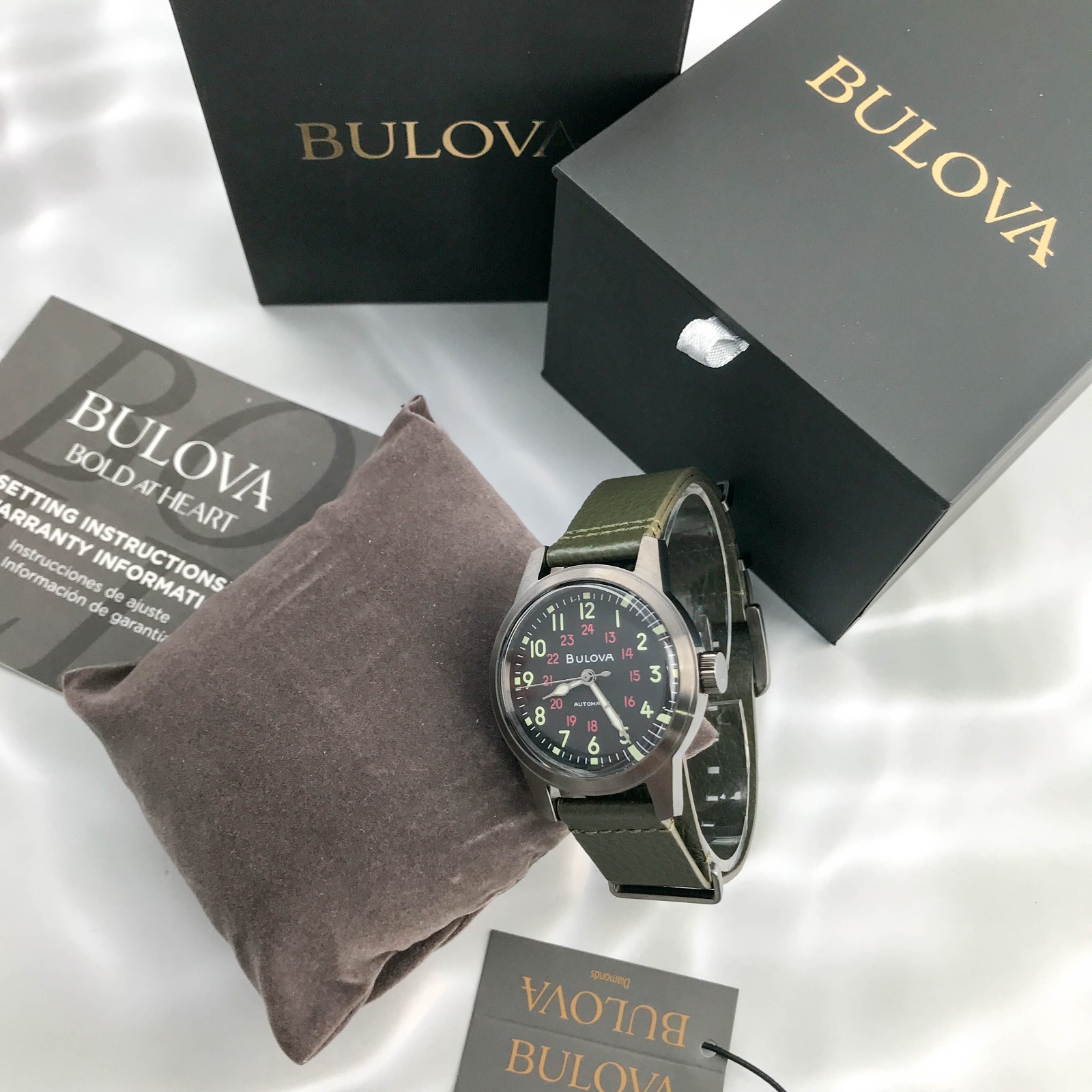 Bulova Hack 98A255 Automatic Black Dial Green Leather Strap Men’s Watch 38mm New