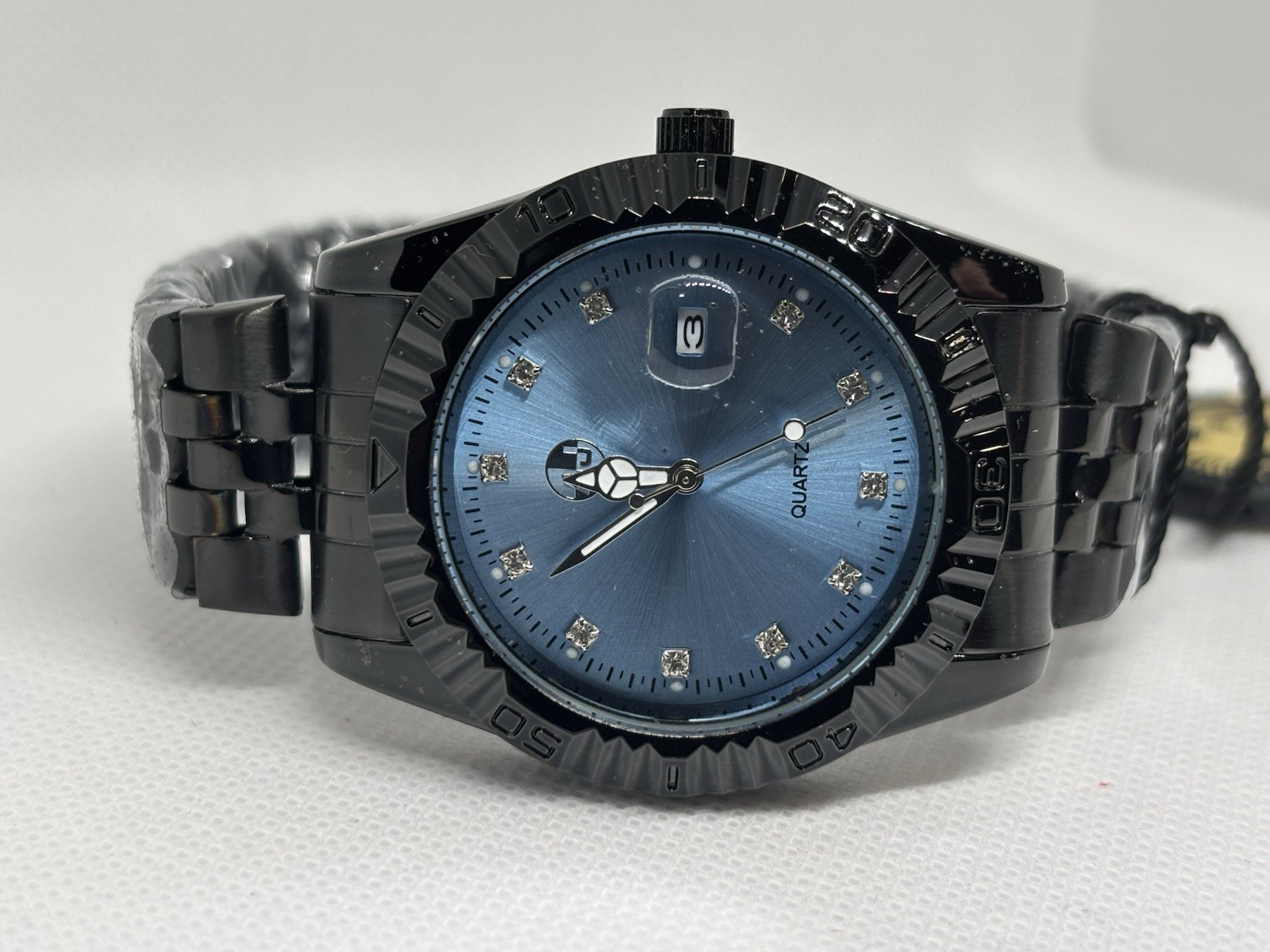 Mens Black Stainless Steel Blue Dial Quartz Watch Date Display New