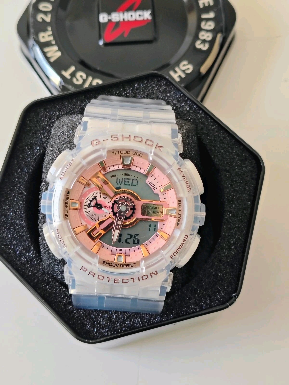 Casio G-SHOCK Analog-Digital Clear Resin Pink/Gray Dial 200m Quartz w/ Tin