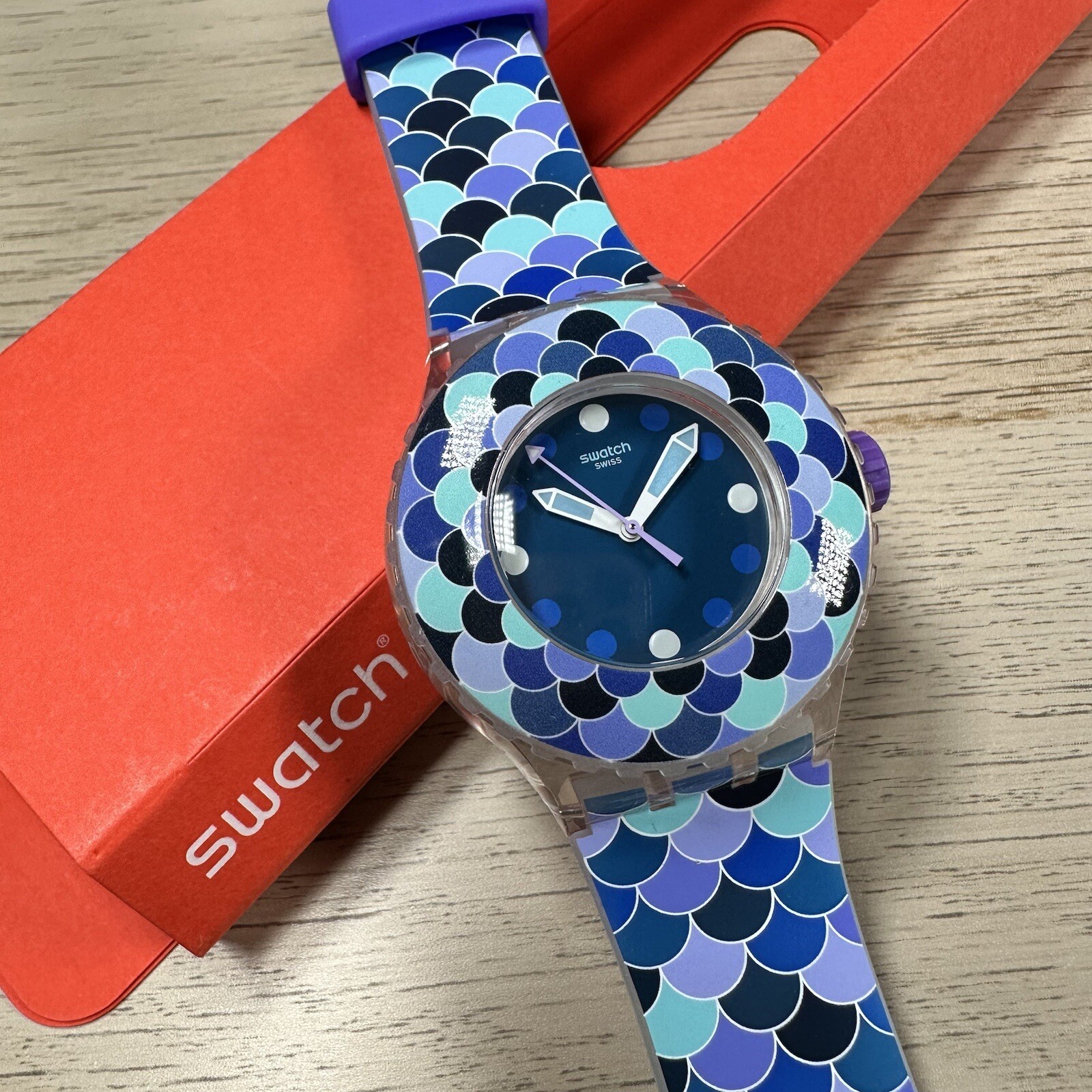 NEW✅ Swatch Watch Scuba PEDRINHA AZUL SUUK110 Skeleton Blue And Purple Watch