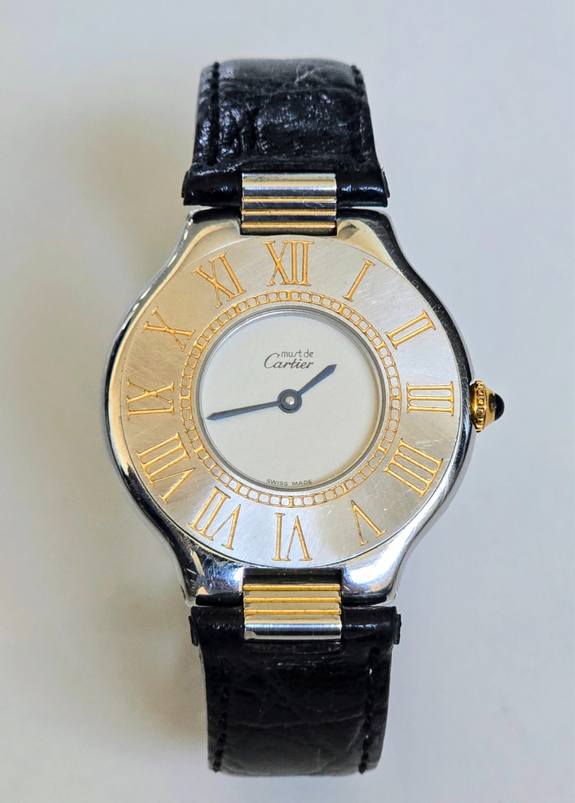 Cartier Must de Cartier 21 Watch 125000P Two-tone Roman Numeral Bezel Leather