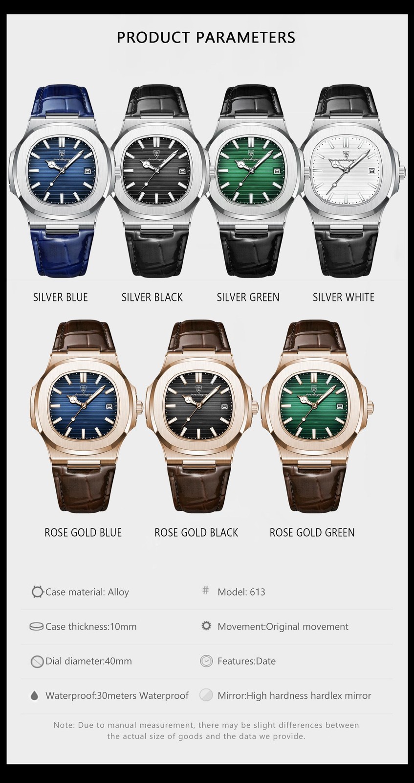 Poedagar Luxury Square Men Watch Date Waterproof Luminous Wristwatch