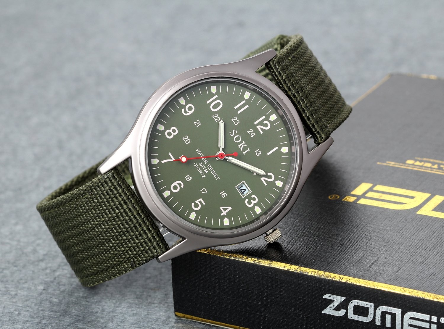 Analog Quartz Field Watch Woven Nylon Band 24H Luminous Military Army Green 35mm