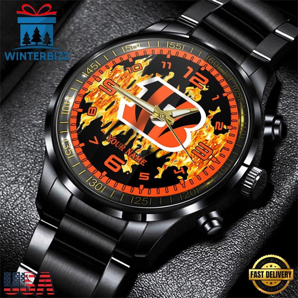 Custom Name Cincinnati Football Team Bengalss 3D Men Black Stainless Steel Watch