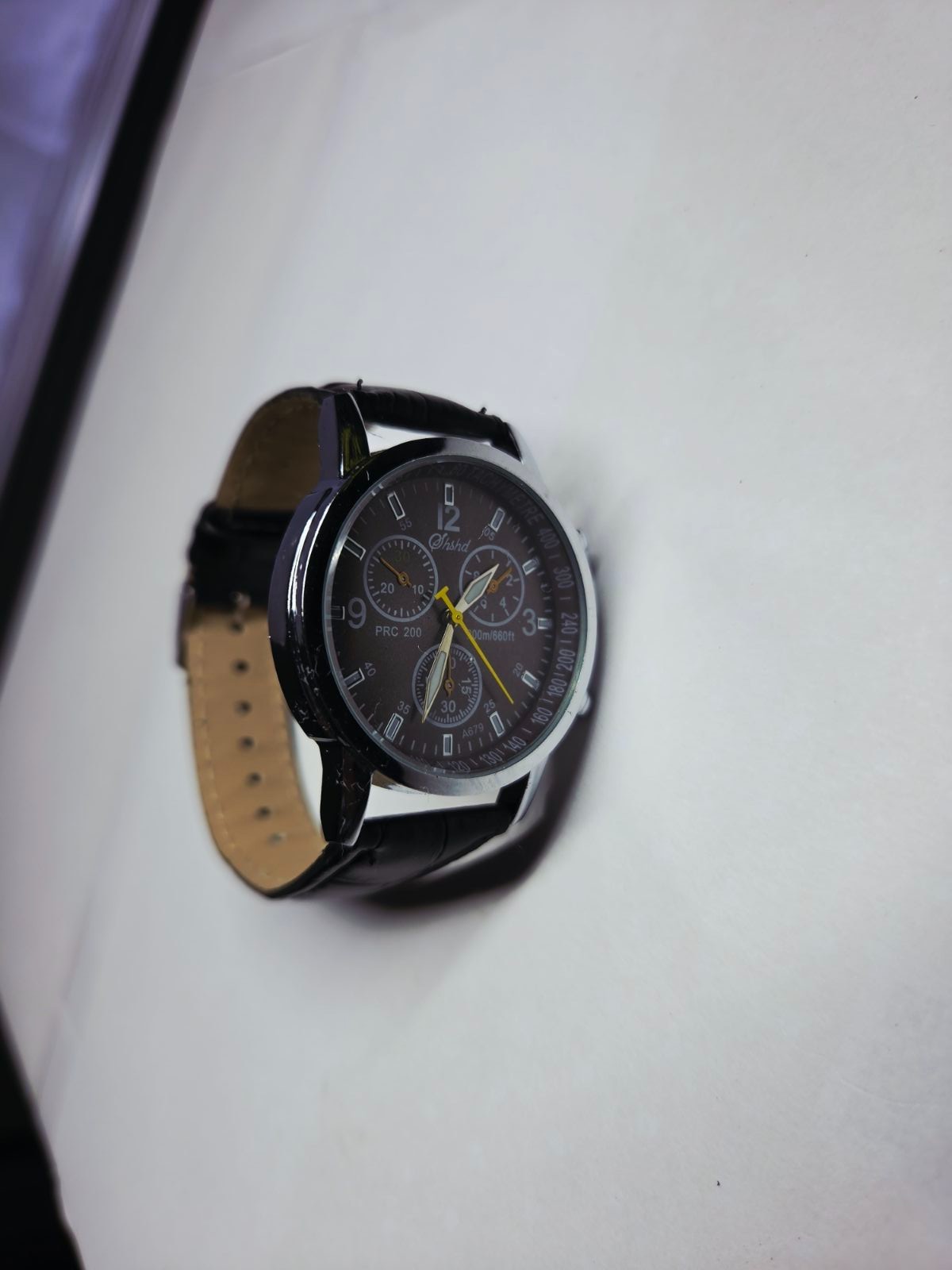 Men’s Quartz Chronograph Style Watch Black Dial Black Leather Strap