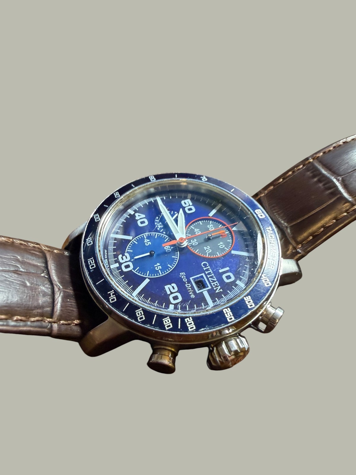 Citizen Eco-Drive Chronograph Blue Dial Brown Croc Leather Men’s Watch B612