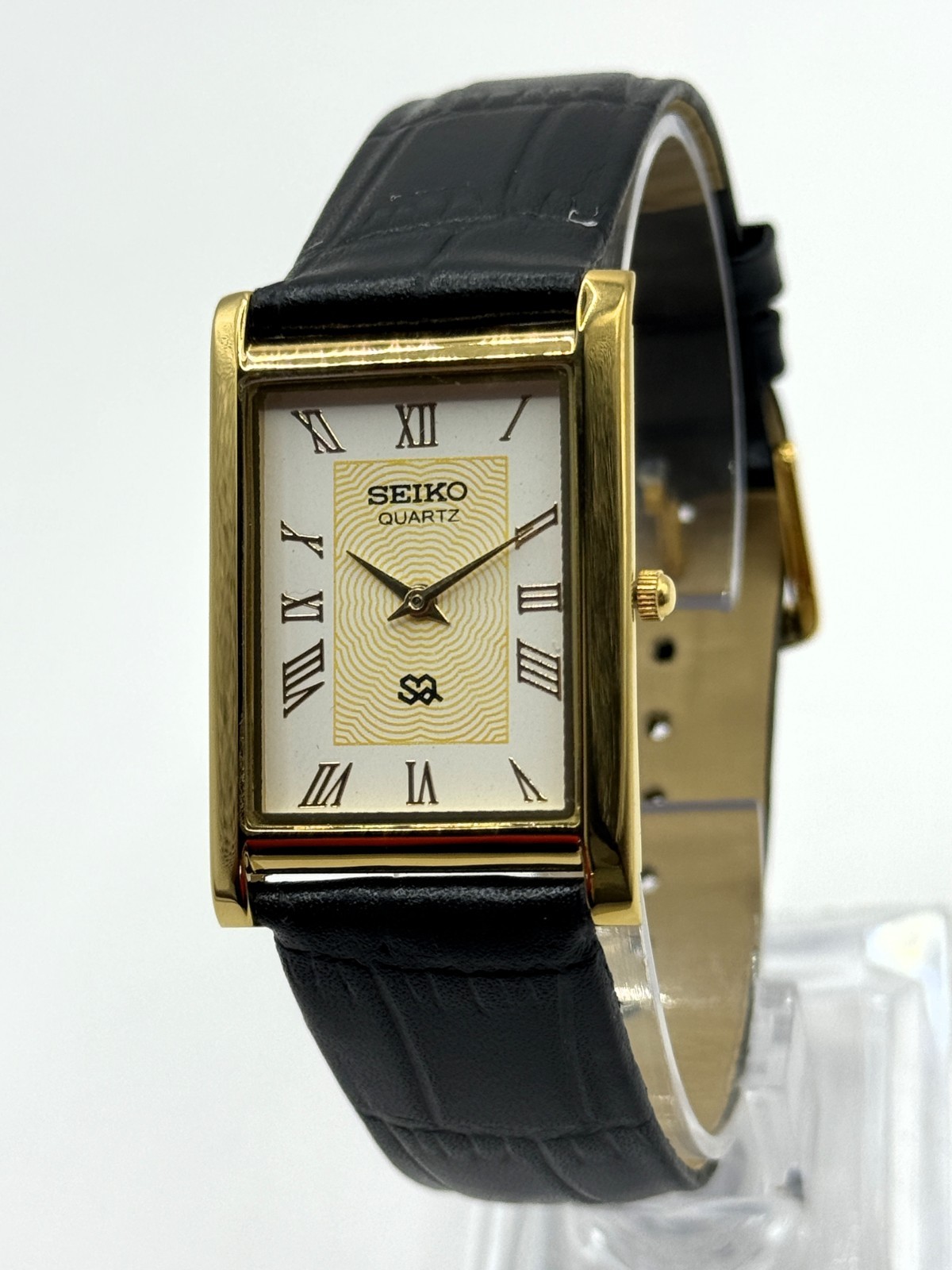 Vintage Refurbished Seiko Rectangular White Dial Black Faux Leather Strap