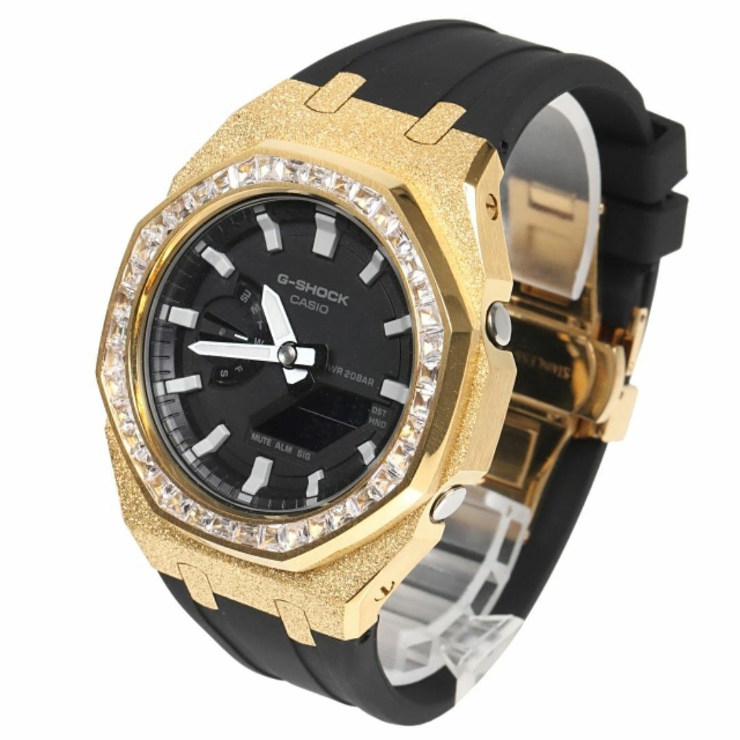 G-Shock GA2100 GARISH Metal Custom Frosted Gold Rubber Band Baguette CZ Bezel Ca