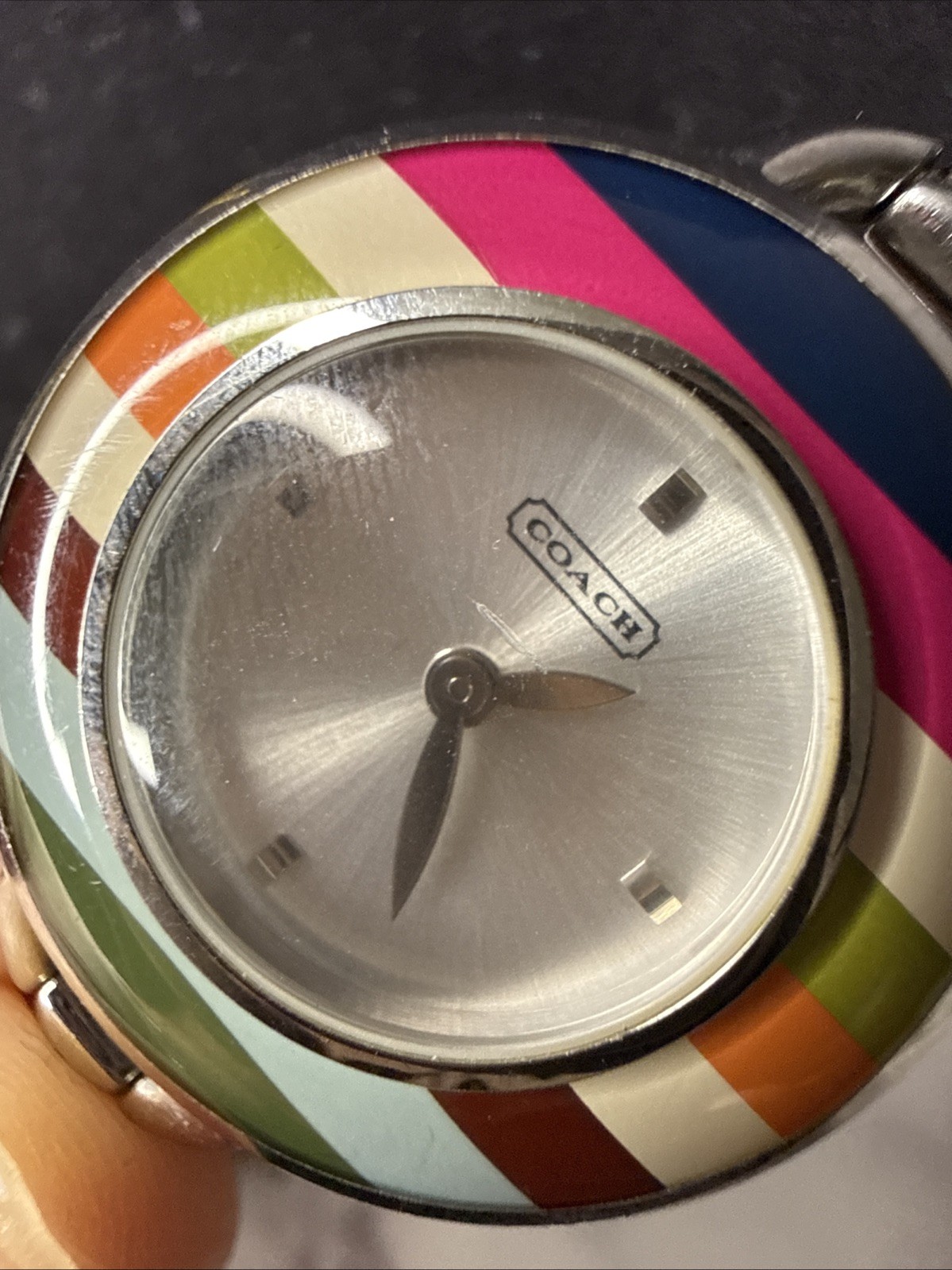 Coach Womens Watch 20mm Silver Tone Multicolor Stripe Bangle New Battery 6.5″