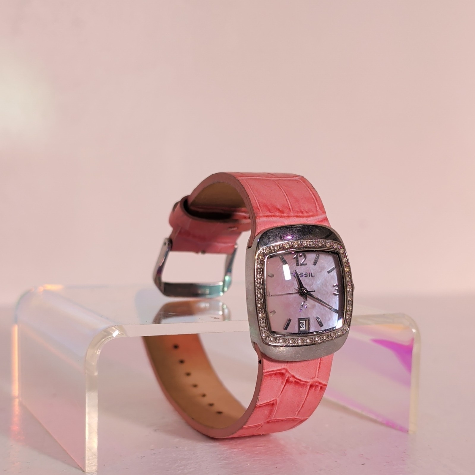 Fossil F2 Women’s Square Quartz Watch Date Pink Leather Strap MOP Dial