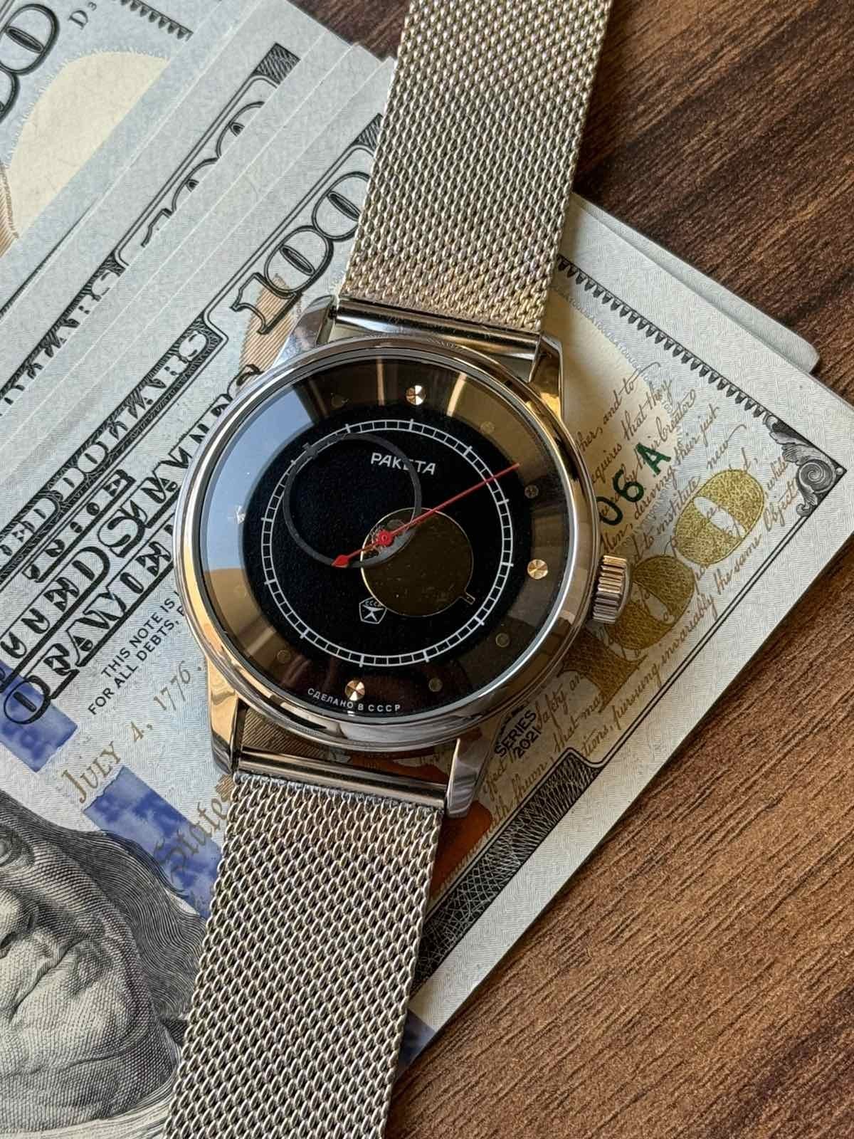 Raketa Copernicus Black Mechanical Soviet Mens Watch 1990s Sun Dial Vintage Rare