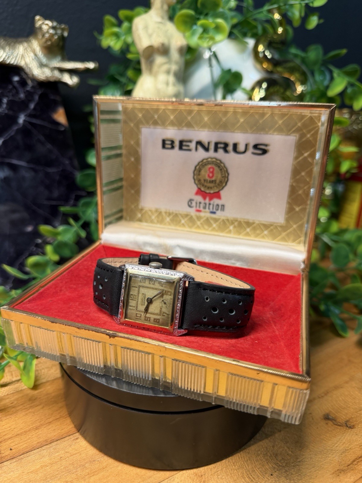 Vintage Art Deco Benrus Mechanical Plated Tank Wrist Watch With Box