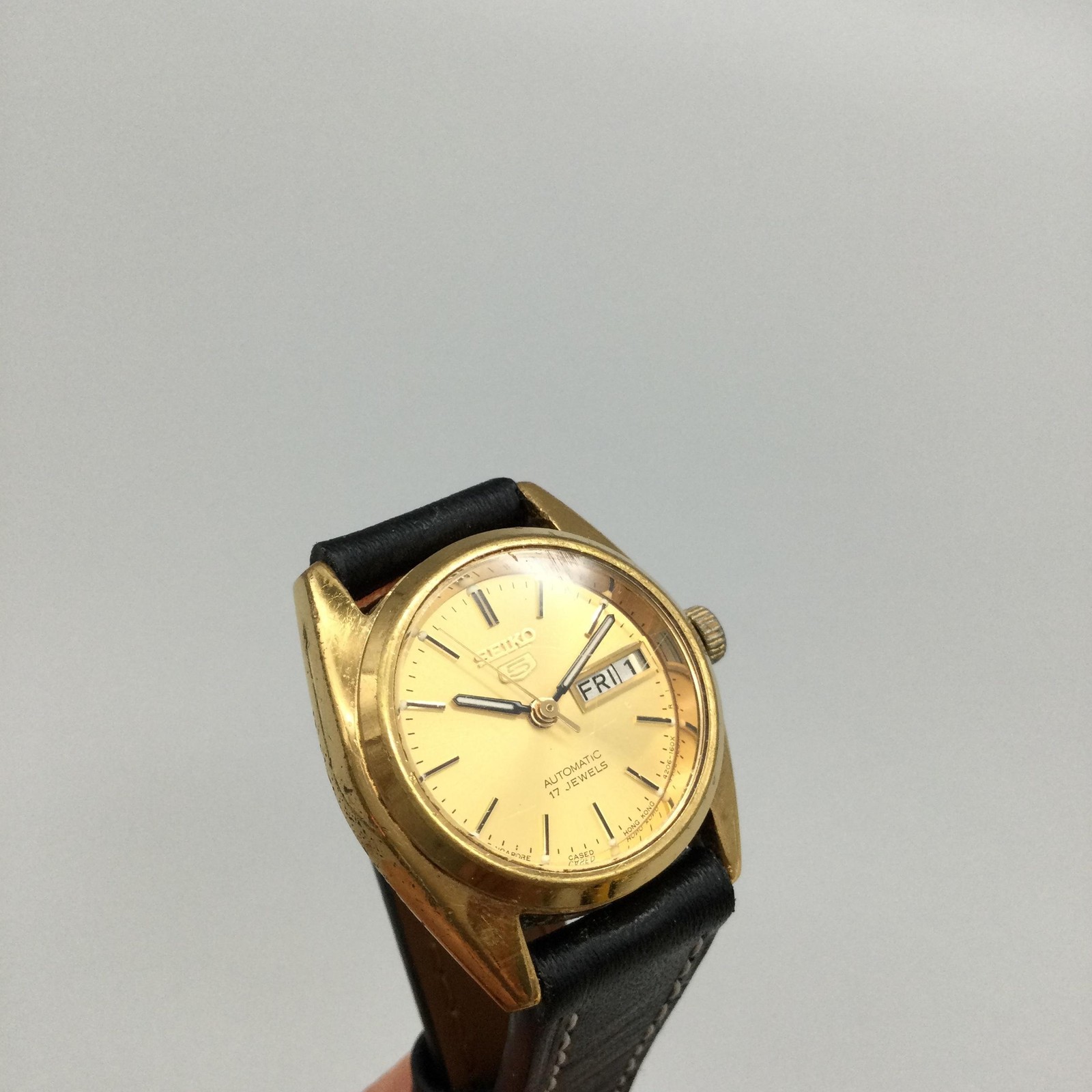 Vintage Seiko 5 Automatic 17j Womens Watch 23mm Gold Tone 4206-0339 Leather