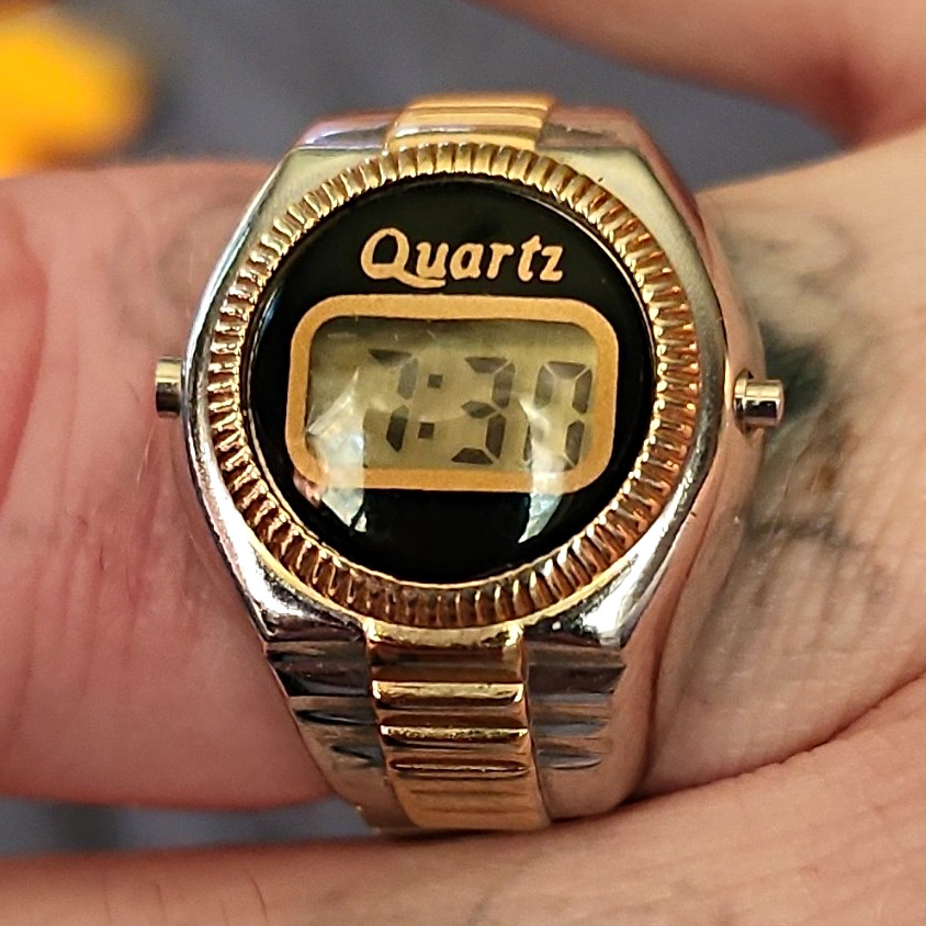 Quartz Digital Two-Tone Stainless Steel Expandable Ring Watch Black/Gold Dial