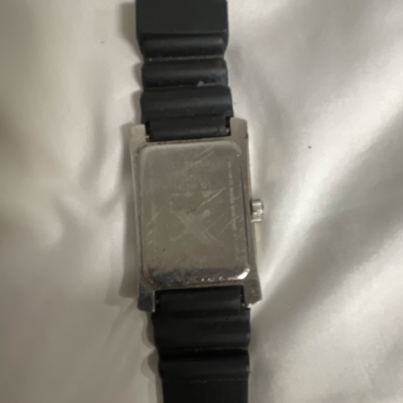 Eddie Bauer Rectangle Analog Watch Blue Dial Date Silver Case Black Rubber Strap